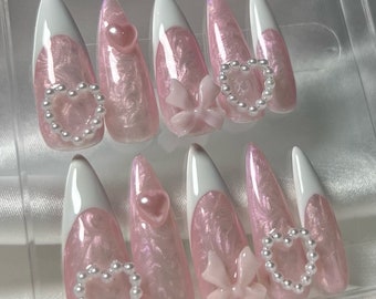 Stiletto Croquette Pink Bow Charms Press on Nails