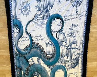 Vintage Old Ship with Octopus Attack Chenille and Fleece Blanket.