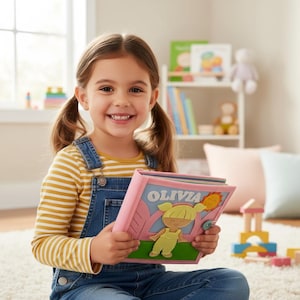 May include: A young girl smiles while holding a pink book with the name "OLIVIA" on the cover. The book features a felt illustration of a girl and a sun. The girl is wearing a yellow striped shirt and denim overalls.