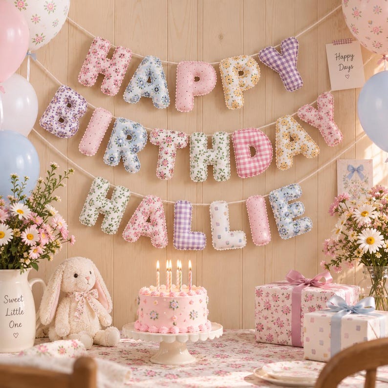 May include: A fabric birthday banner spelling HAPPY BIRTHDAY HALLIE with floral and gingham patterned letters hanging on a string. Below, a pink frosted cake with four lit candles, a plush rabbit, and two wrapped gifts sit on a table.