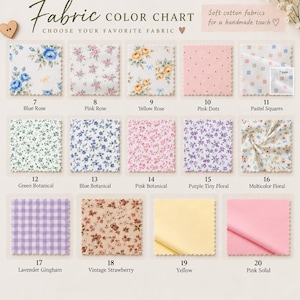 May include: A fabric color chart displaying 14 square swatches with various patterns including roses, dots, florals, gingham, and solid colors. Each swatch is numbered 7 through 20 with labels. A small inset shows a 7 mm scale.