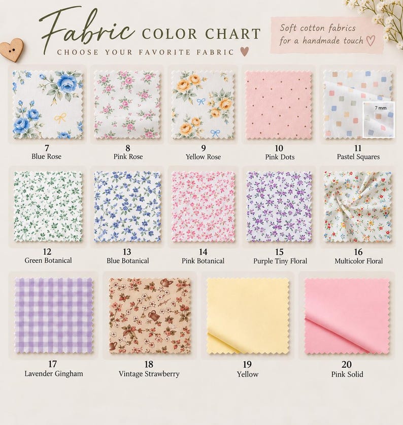 May include: A fabric color chart displaying 14 square swatches with various patterns including roses, dots, florals, gingham, and solid colors. Each swatch is numbered 7 through 20 with labels. A small inset shows a 7 mm scale.