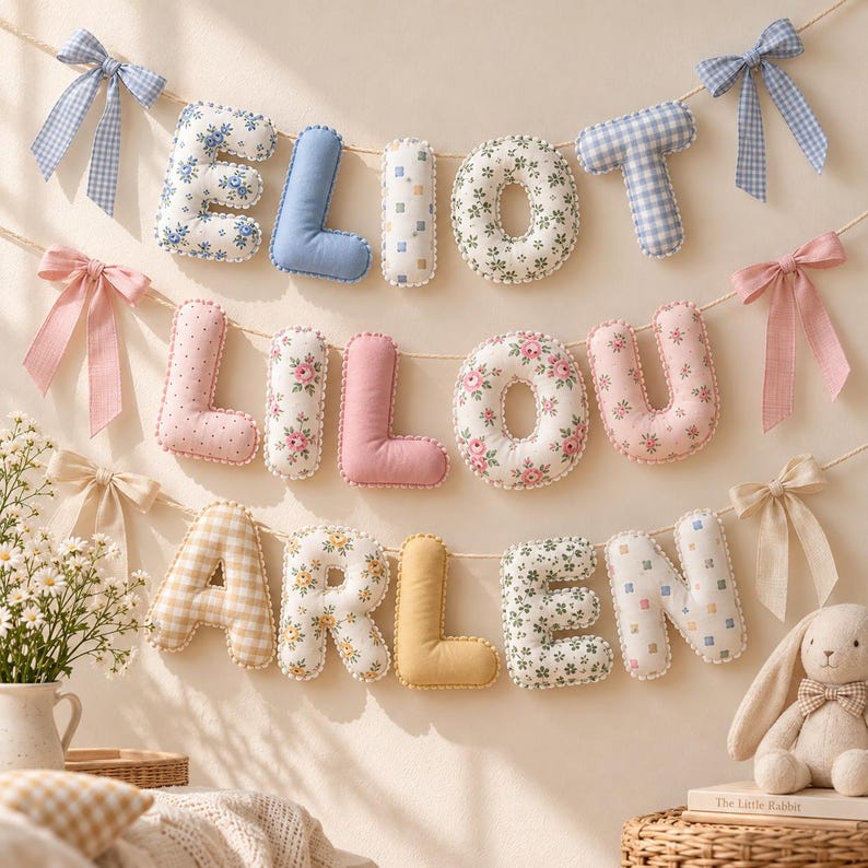 May include: A decorative fabric banner featuring three rows of stuffed, plush letters spelling ELIOT, LILOU, and ARLEN. The letters are crafted from various patterned and solid-colored fabrics, accented with bows on the ends of each string.