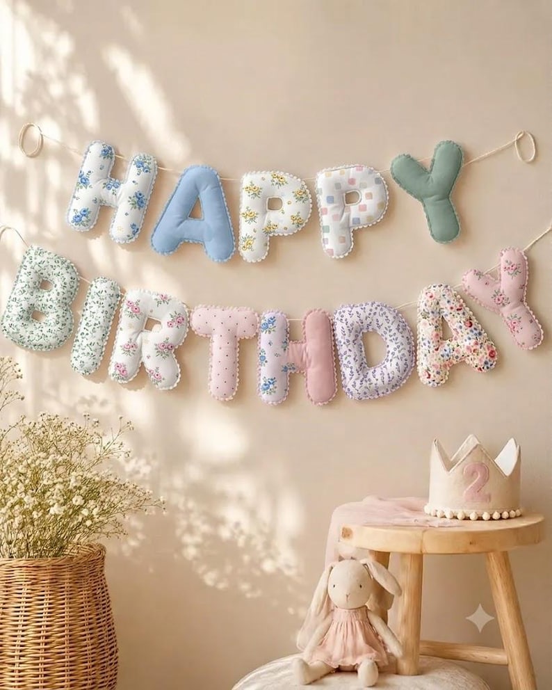May include: A fabric banner spelling HAPPY BIRTHDAY with stuffed, plush letters in various floral, solid blue, and solid green patterns, strung on a white cord. A beige felt crown with the number 2 sits on a wooden stool nearby.