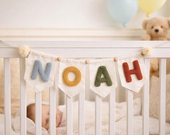 Custom Baby Name Banner | Handmade Linen Name Garland | Personalised Soft Letter Bunting | Nursery Wall Decor & Baby Gift