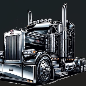 May include: A black semi-truck with chrome accents and a large grill. The truck has a single cab and a long trailer.