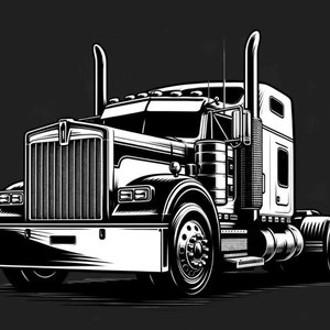 May include: Black and white illustration of a semi-truck. The truck features a detailed front grill, large wheels, and exhaust stacks. The image is set against a dark gray background, emphasizing the truck's design.