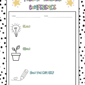 May include: A printable parent-teacher conference form with a black and white polka dot background. The form has sections for the student's name, teacher's name, and areas to note student strengths and areas for growth. It also includes a section for parents to write how they can help their child.