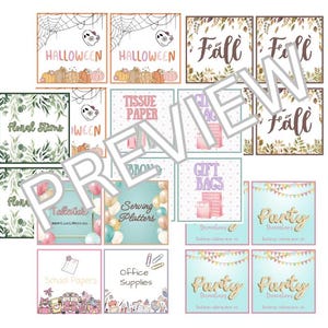 May include: Printable digital download of 12 square gift tags with various autumn and Halloween themes. The tags feature illustrations of pumpkins, ghosts, leaves, and the words "Fall" and "Halloween".