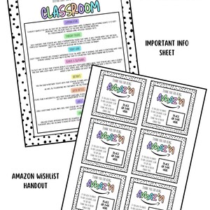 Könnte beinhalten: Ein Klasseninformationsblatt mit dem Titel „Alles über unser Klassenzimmer“ und einem „Amazon-Wunschzettel-Handout“. Das Informationsblatt enthält Details zu Kommunikation, Donnerstagsordnern, Freitagsarbeit und mehr. Das Handout enthält „Thank You for Being Amaz'n“-Karten.