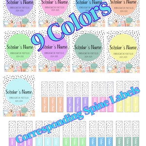 May include: Nine printable labels for a kindergarten portfolio, each with a different color background and black polka dots. The labels say "Scholar's Name" and "Kindergarten Portfolio" with the year range. Below the labels are nine corresponding spine labels with the same colors and polka dots.