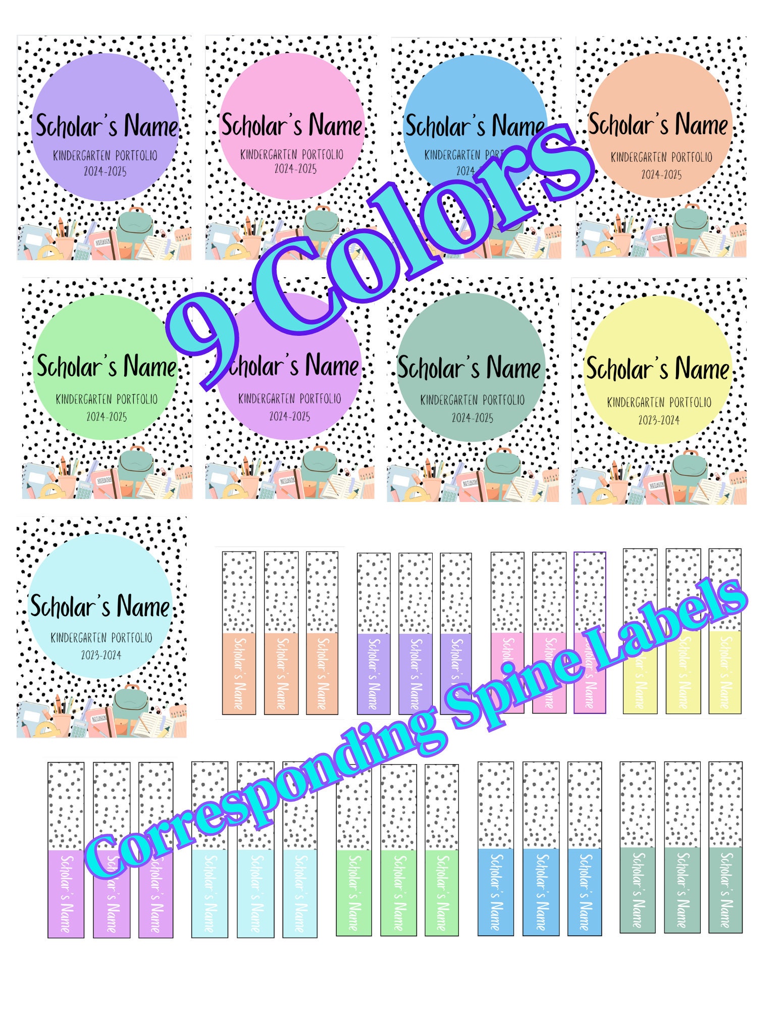 Polka Dot Pastel Portfolio Covers: Editable Binder Spines, Classroom Organization