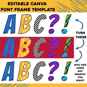 May include: A graphic design template with the text "EDITABLE CANVA FONT FRAME TEMPLATE". The image features colorful letters and symbols: ABC?!. The design includes arrows and instructions to customize the graphics.
