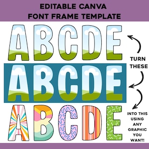 May include: An image showcasing an editable Canva font frame template. The design features the letters A, B, C, D, and E in three different styles. The text "TURN THESE INTO THIS USING ANY GRAPHIC YOU WANT!" is also included.