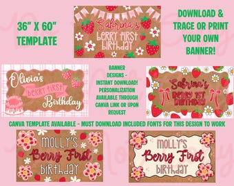 Beere Erster Geburtstag Banner Vorlagen: Erdbeeren, Gänseblümchen, Geburtstag (Canva bearbeitbarer digitaler Download)