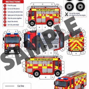 Pode incluir: Uma folha de papel imprimível para montar um caminhão de bombeiros britânico com padrões xadrez vermelhos e amarelos, instruções e peças para recortar. O design mostra o veículo de vários ângulos com o texto FIRE AND RESCUE SERVICE.