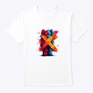 May include: White t-shirt featuring a colorful graphic of a stylized figure with an X-shaped design. The figure has red, blue, and yellow accents, with paint splatter effects. The shirt is made of a soft, comfortable material.