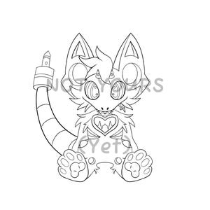 May include: Black and white line art illustration of a cartoon creature with large ears, a heart-shaped chest, and a plug-like tail. The creature has large eyes and a toothy grin. The text "NOT YOURS" and "Yet" are visible.