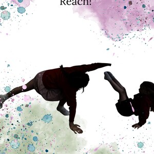 May include: An artistic image with the word "Reach!" in black text. Two silhouetted figures are depicted in a dynamic pose, set against a watercolour background with splashes of pink, blue, and green.