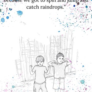May include: A sketch of two children posing, accompanied by the text: "We loved this Movement Story because we got to spin and jump and catch raindrops." The image features watercolour splatters in blue, pink, and purple.