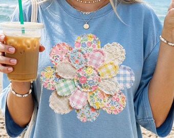 Cottagecore Floral Shirt, Faux Patchwork Flower Tee, Vintage Style Quilt Shirt, Pastel Aesthetic Shirt, Cute Spring Tee