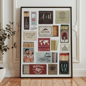 May include: A framed collage featuring various matchboxes with diverse designs and text. Some boxes display phrases like "The Perfect Match" and "I didn't know what love was until I found you." Other boxes have images of a couple, a world map, and palm trees.