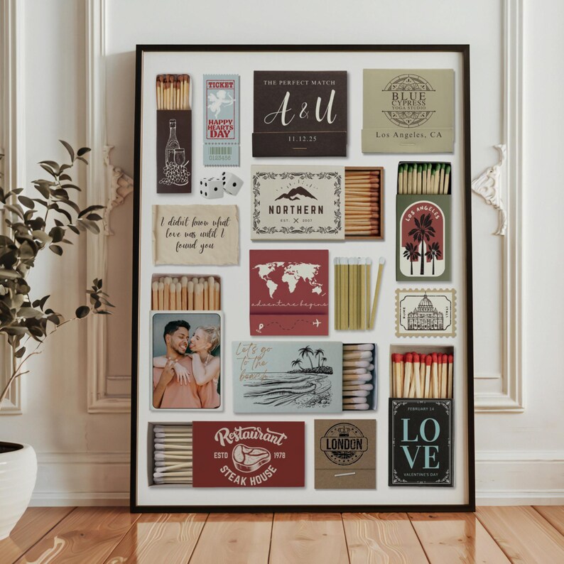 May include: A framed collage featuring various matchboxes with diverse designs and text. Some boxes display phrases like "The Perfect Match" and "I didn't know what love was until I found you." Other boxes have images of a couple, a world map, and palm trees.