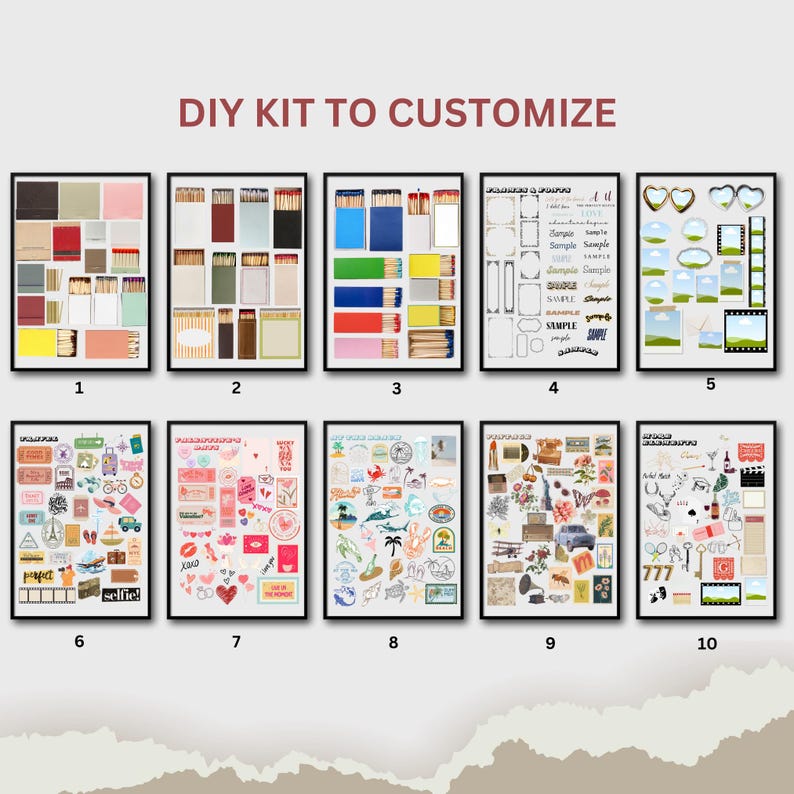 May include: A collection of ten framed DIY kits, each with a unique design. The kits include various elements such as matchboxes, frames, and decorative stickers. The text "DIY KIT TO CUSTOMIZE" is displayed at the top.