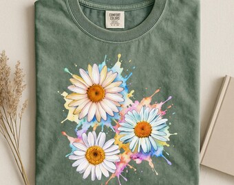 Watercolor Floral Art Shirt, Painted Daisy Tee, Artistic Flower Shirt, Color Splash Floral Top, Creative Aesthetic Tee