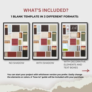 May include: Three framed templates with various design elements, including matchboxes, cards, and decorative boxes. The text "WHAT'S INCLUDED?" and "1 BLANK TEMPLATE IN 3 DIFFERENT FORMATS:" are at the top. The bottom text reads, "You can start your project..."