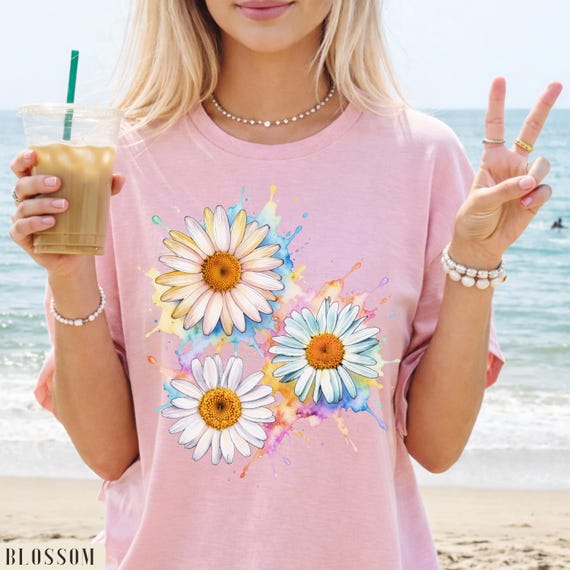 Watercolor Daisy Shirt, Colorful Floral Tee, Cute Spring Flower Shirt, Aesthetic Pastel Daisy Top for Women
