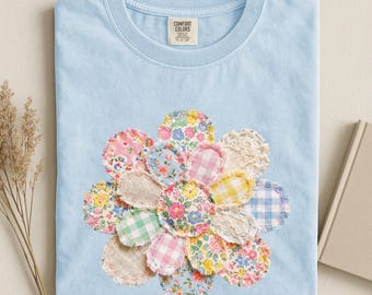 Faux Patchwork Flower Shirt Women, Pastel Floral Tee, Quilt Style Shirt, Cute Gift for Her, Vintage Inspired Shirt