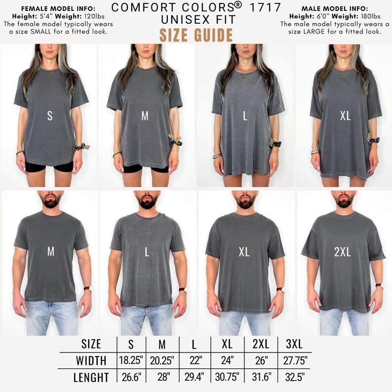 May include: A Comfort Colors 1717 unisex t-shirt size guide featuring eight individuals wearing charcoal gray shirts in sizes S through 3XL. The chart includes model height and weight details, size labels on each shirt, and a table with width and length measurements in inches.