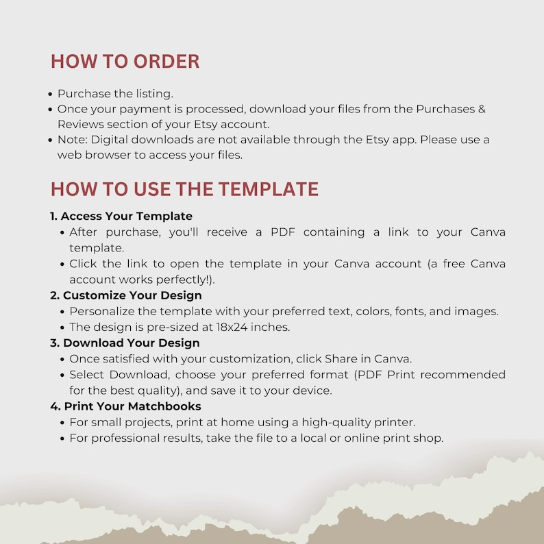 May include: A beige and brown document with instructions on how to order and use a template. The text includes steps for purchasing, downloading files, accessing the template, customizing the design, downloading, and printing. The design is pre-sized at 18x24 inches.