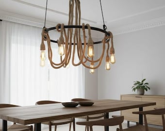 Lámpara de araña de cuerda con forma de rueda de carro grande, lámpara rústica de 8 brazos, iluminación colgante de estilo rústico, lámpara para sala de estar y mesa de comedor.