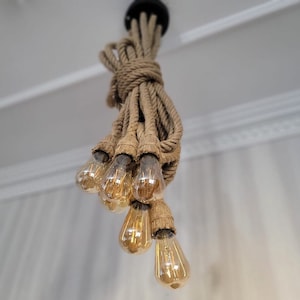 8-Arm Jute Rope Chandelier: Rustic Farmhouse Pendant Light