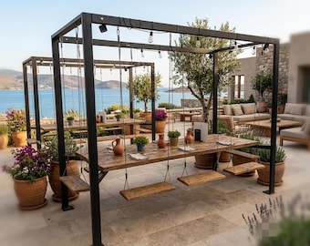 Luxury 8 Person Swing Table Set, Premium Outdoor Patio Dining Furniture, Heavy Duty Hanging Chair Set, Ultra High End Garden Pergola Table