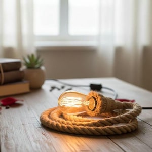 Puede incluir: Una lámpara decorativa con una bombilla Edison y una base de cuerda enrollada. La cálida luz de la bombilla contrasta con los tonos naturales de la cuerda. La lámpara está sobre una superficie de madera, con libros y una pequeña planta en el fondo.