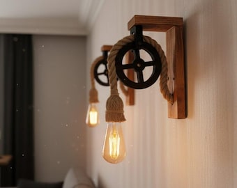 Aplique de pared con soporte en L de madera, lámpara rústica con polea, luz de pasillo estilo granja, aplique de pared industrial