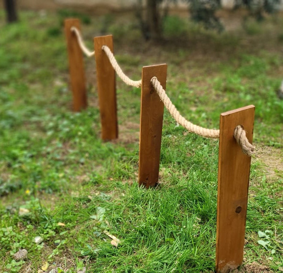 Rope and Wood Garden Fence, Wood Rustic Fence in Customizable