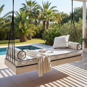 Hanging Daybed, Poolside Hanging Lounger, Modern Backless Swing, Resort Style Patio Furniture, Custom White & Black Cushion