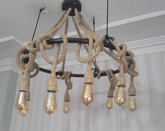 Desing Rope large chandelier, natural rustic rope pendant chandelier, kitchen, living room, patio, restaurant, cafe, farmhouse lighting