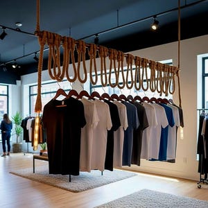 May include: A clothing store display featuring a row of t-shirts in various colors, including black, white, and blue, hanging on wooden hangers. The shirts are suspended from a rope and wooden beam structure, with a neutral-toned rug on the floor.