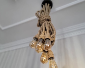 8-Arm Jute Rope Chandelier: Rustic Farmhouse Pendant Lighting
