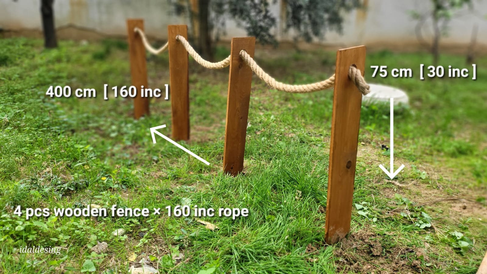 Rope and Wood Garden Fence, Wood Rustic Fence in Customizable