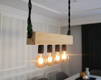 Minimalist Wood Beam Chandelier, Scandinavian Style Pendant, Modern Farmhouse Kitchen Island Lighting