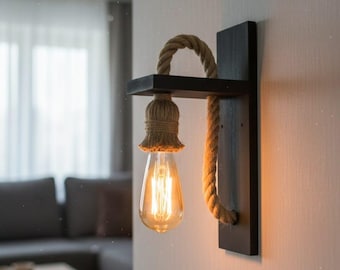 Aplique de pared rústico, lámpara de pared de madera y cuerda, iluminación industrial para pasillos y dormitorios