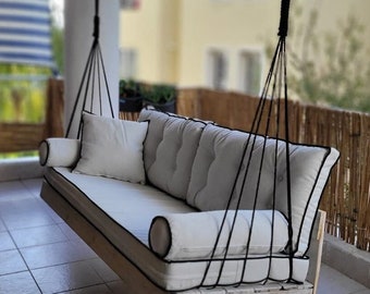 rustic furniture, swing sofa, farmhouse garden swing, country house garden sofa, porch garden family swing bed, rope ceiling hanging swing