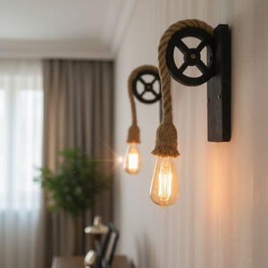 Aplique de pared rústico con polea, lámpara de pared de madera y cuerda, iluminación industrial para pasillos y dormitorios.