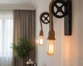 Aplique de pared rústico con polea, lámpara de pared de madera y cuerda, iluminación industrial para pasillos y dormitorios.